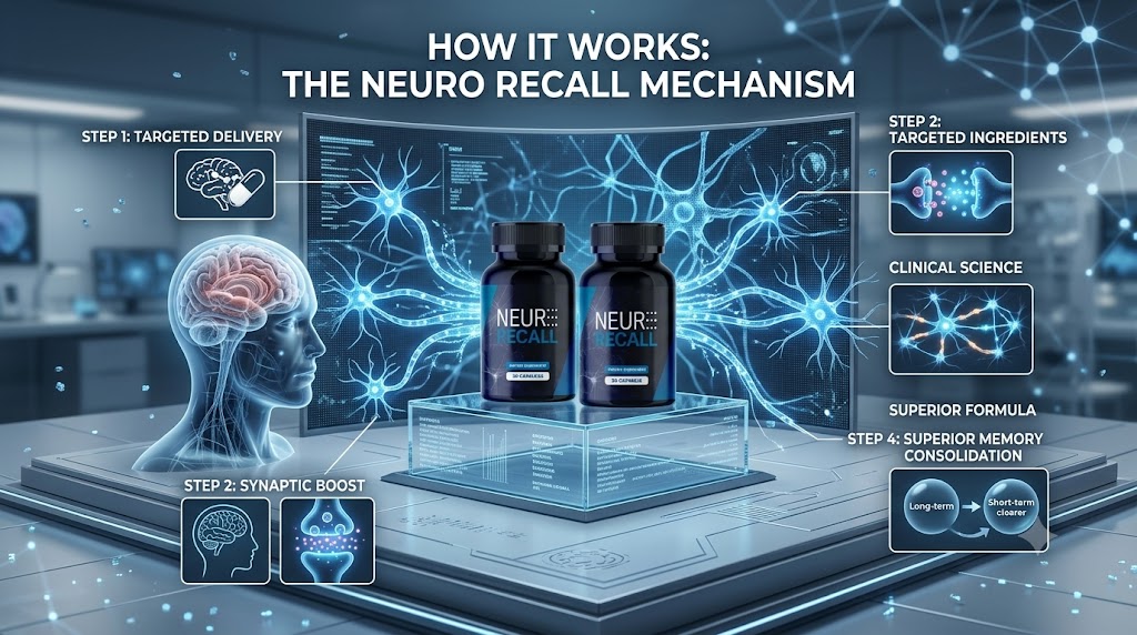 NeuroRecall 4-step mechanism — Targeted Delivery, Synaptic Boost, Targeted Ingredients, Memory Consolidation